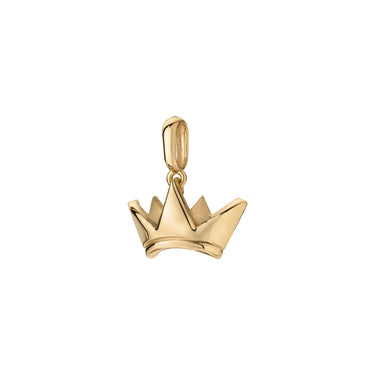 A polished yellow gold crown pendant charm, isolated on a solid white background.