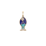 A gold fish-shaped pendant featuring blue and green enamel sections, a small clear gemstone at the top, and a white pearlized tail, shown on a plain white background.