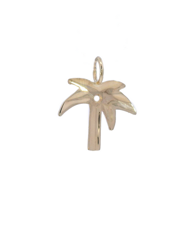 A small palm tree charm pendant in a polished yellow gold finish, shown against a plain white background.